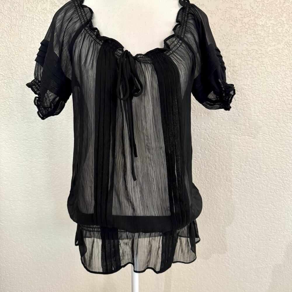 Miley Cyrus Max Azria Size Medium Black Ruffle Blouse Georgette Peasant Top